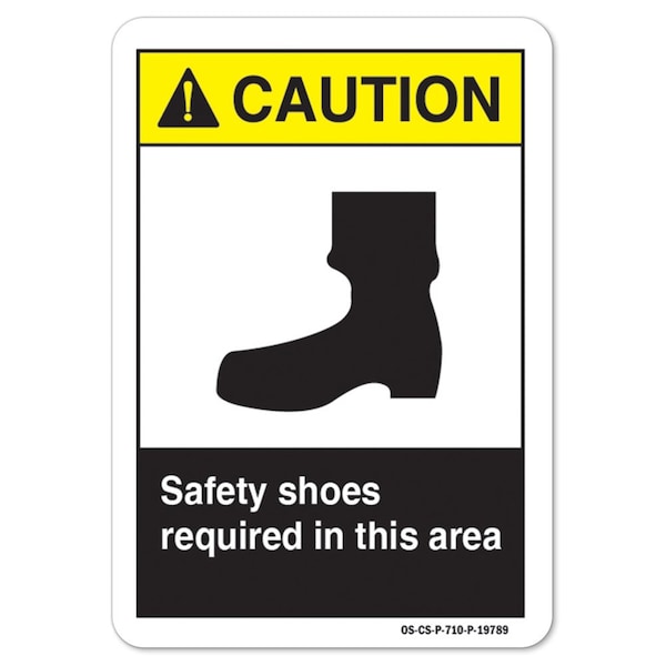 ANSI Caution Sign, Safety Shoes Required In This Area, 18in X 12in Aluminum, 12" H, 18" W, Landscape